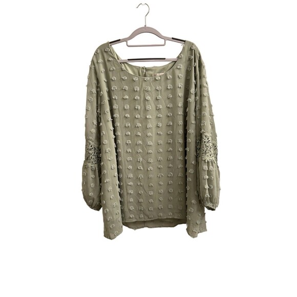 Cato Woman's Sage Chiffon Lined Top Round Neck Tufted Dots Lantern Sleeves 26/28 - Picture 1 of 5